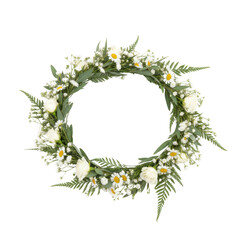 Delicate White Flower Crown Adorned with Greenery on a Black Background