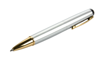 Close-up of a stylish metal writing instrument with gold accents, isolated on black