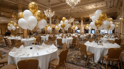 Elegant ballroom decorated with gold and white balloons, crystal chandeliers, and round banquet tables