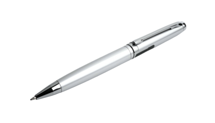 A shiny silver ballpoint pen, elegantly angled on a stark black background