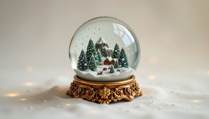 ultra detailed classic snow globe crafted from gold detailed stand, showcasing slow fall snow particles, highly detailed micro landscape, isolated on pure white background, ultra sharp