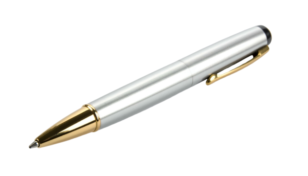 Close-up of a stylish metal writing instrument with gold accents, isolated on black