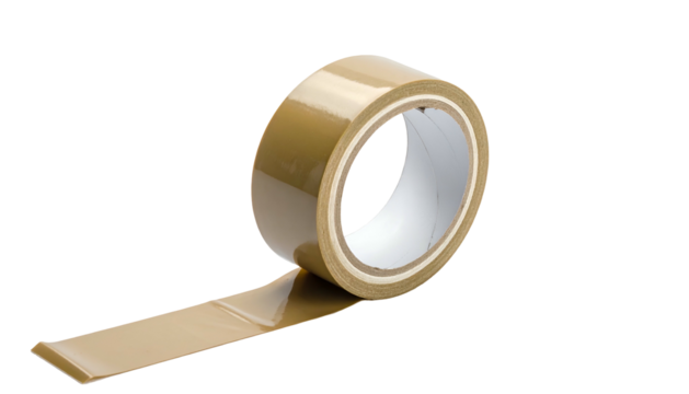 Close-up of a roll of brown packaging tape with a glossy surface, isolated on black