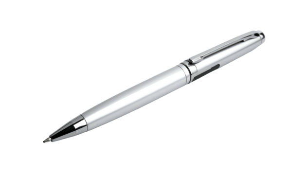 A shiny silver ballpoint pen, elegantly angled on a stark black background