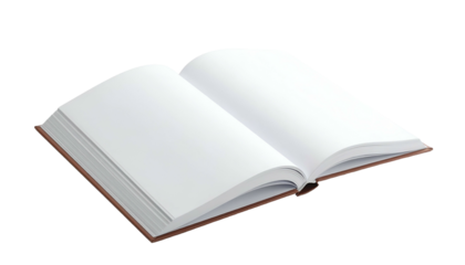 Isometric view of an open hardback with blank white pages on black background