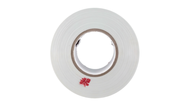 Overhead shot of a white roll of adhesive tape on a solid black background