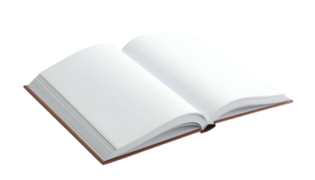 Isometric view of an open hardback with blank white pages on black background