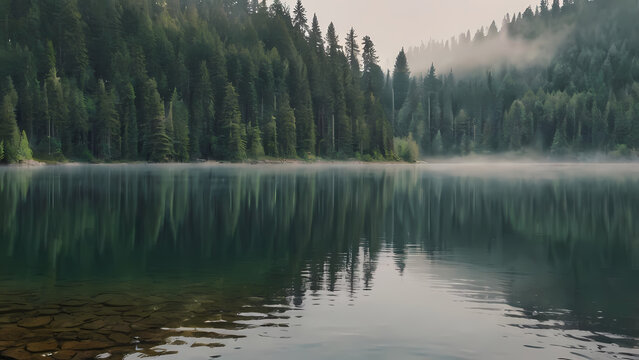 A crystal-clear mountain lake with emerald tones reflecting dense evergreen trees.  - Powered by Adobe