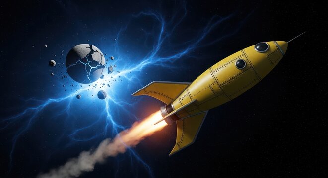 Retro yellow rocket ship hurtling through the cosmos past shattered planet and energy bursts