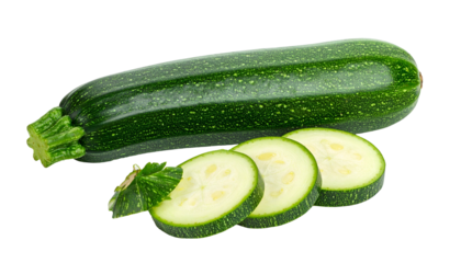 A vibrant, fresh green zucchini with three slices and a leafy sprig on a transparent background