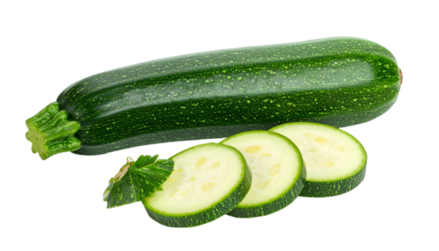 A vibrant, fresh green zucchini with three slices and a leafy sprig on a transparent background