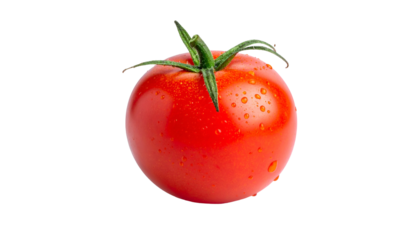 A vibrant, perfectly round red fruit with green stem, isolated against a black backdrop