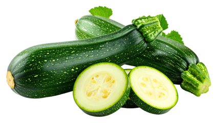 Close-up of green, cylindrical vegetables with leaf attachments, one cut into slices