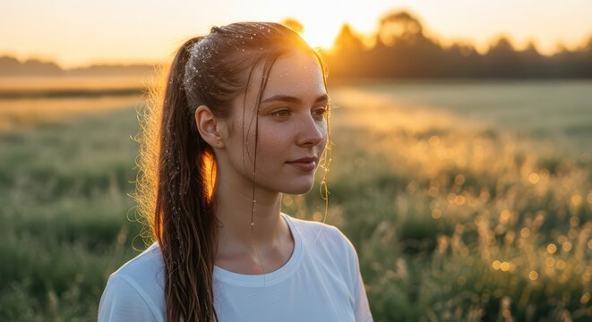 Golden hour glow a young woman's portrait bathed in soft sunlight in a field