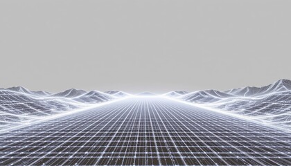 Futuristic Digital Landscape with Grids and Light Waves Extending Towards the Horizon