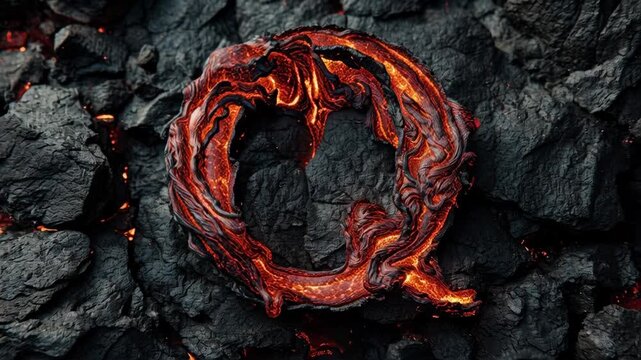 Molten lava forming circular pattern on rugged volcanic rocks