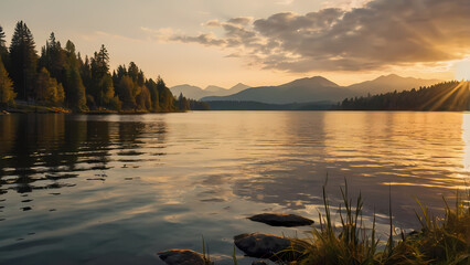 A serene mountain lake illuminated by warm golden hour sunlight.