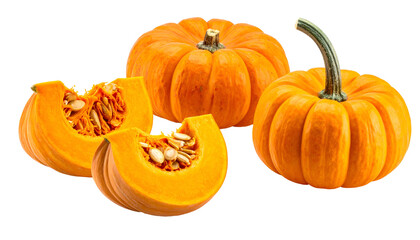 Close-up of several pumpkins, one sliced open, showcasing bright orange flesh and seeds
