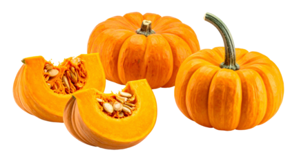Close-up of several pumpkins, one sliced open, showcasing bright orange flesh and seeds
