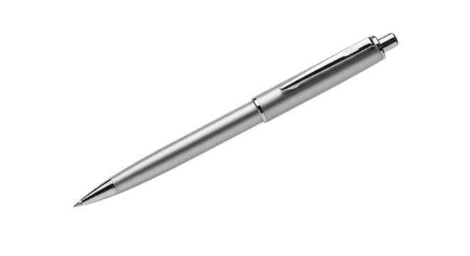 Elegant silver pen isolated on white background, sleek design for writing and drawing, capturing precision instrument