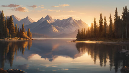 A breathtaking golden hour landscape featuring towering snow-capped mountains, pine forests, and a still lake reflecting the warm sunset light.