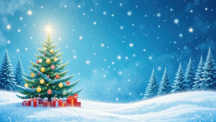 Beautiful Christmas Tree Decorated with Ornaments and Gifts Surrounded by Snow in Winter Landscape