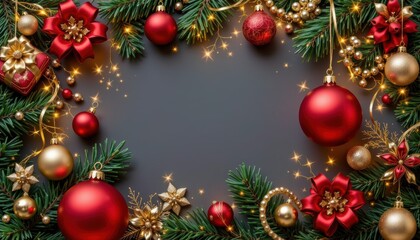 Festive Arrangement of Christmas Ornaments and Pine Greenery with Sparkling Lights on Dark Background