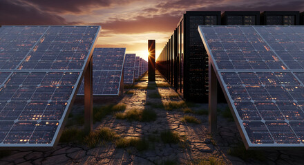Harnessing the power of the sun with solar panels alongside modern data servers at sunset creates a sustainable, innovative solution for energy and technology needs