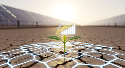 Hopeful seedling sprouting in cracked earth with solar panels and digital growth charts, symbolizing resilience and sustainability for a brighter future, eco awareness, green energy