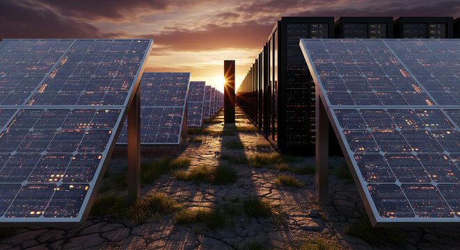 Harnessing the power of the sun with solar panels alongside modern data servers at sunset creates a sustainable, innovative solution for energy and technology needs