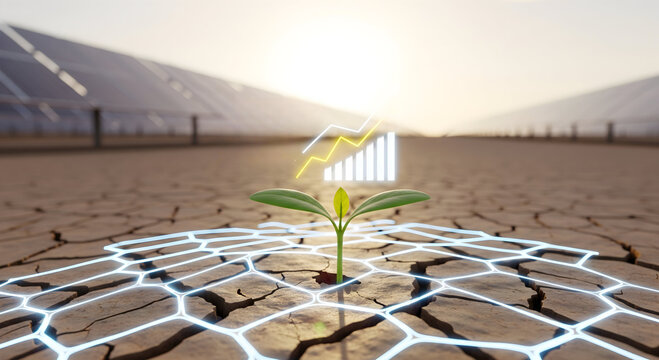 Hopeful seedling sprouting in cracked earth with solar panels and digital growth charts, symbolizing resilience and sustainability for a brighter future, eco awareness, green energy
