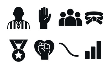 Collection of bold vector icons featuring medals, teamwork, and achievement themes for design projects