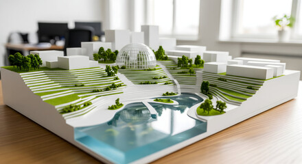 Stunning architectural model showcasing visionary urban planning with lush greenery and a modern design, perfect for real estate marketing and sustainable city concepts