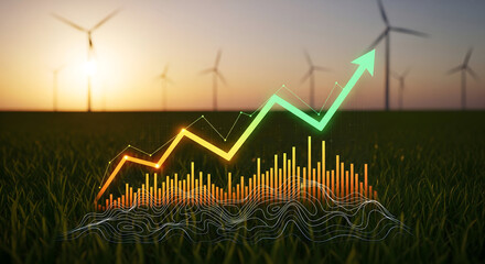 Stunning green energy graph shows positive market trends and business growth against a backdrop of modern wind turbines at sunset, forecasting a bright future