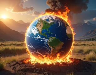 Earth engulfed in flames, symbolizing global warming