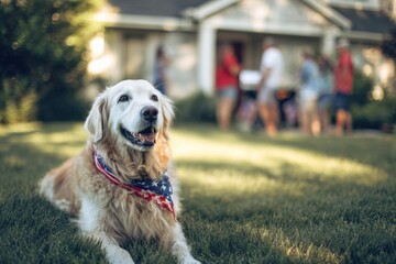 A smiling golden retriever lies on green grass wearing a patriotic bandana, with a blurred group of people enjoying a backyard barbecue in the background.
