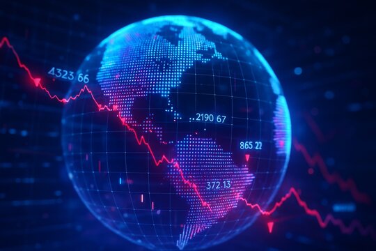 Digital globe showing financial downturn with red declining graph lines and data points on dark futuristic background concept of global market crash. Ai generative