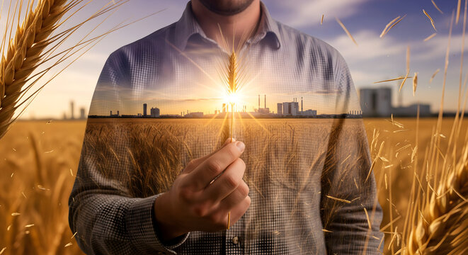 Farmer inspecting wheat harvest at sunset with industrial backdrop, embodying the intersection of agriculture, industry, and sustainable food production solutions