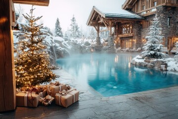 Cozy mountain lodge with steaming pool and Christmas decorations in the snow