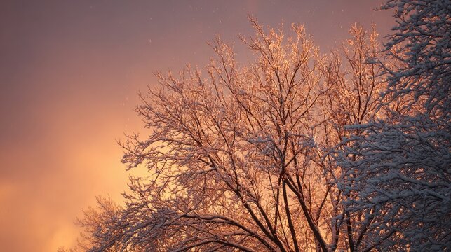 Snow covered tree branches against a warm orange and purple sky winter trees