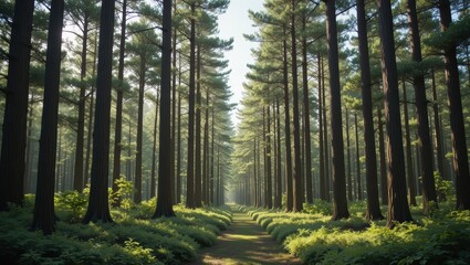 Obraz premium Sunlit Pathway Through a Dense Forest of Tall Evergreen Trees in Early Morning Light