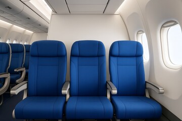 Interior view of economy class airplane cabin with three empty blue seats near windows and aisle, clean environment, modern travel concept. Ai generative