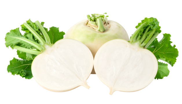 Freshly harvested root vegetables, whole and halved, with vibrant green leafy tops