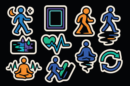 Vibrant evening activity icons for meditation, nature walk, and health monitoring