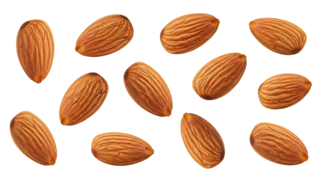 Elegant presentation of whole almonds against a pristine white backdrop, showcasing their natural textures and shapes in a clean and minimalist