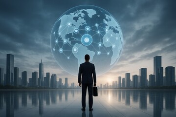 Businessman standing before digital globe with network nodes against futuristic city skyline at dusk, symbolizing global connectivity and innovation. Ai generative