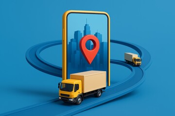 Delivery trucks on winding blue road with smartphone GPS navigation and red location pin in cityscape concept on blue background. Ai generative. Ai generative