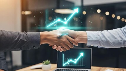 Businessmen shaking hands with a glowing graph overlay, symbolizing successful partnership and growth. - Powered by Adobe