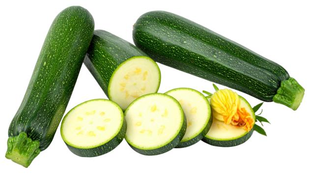 Close-up of green, fresh zucchini; whole, sliced, and with yellow flower