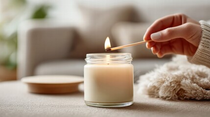 Lighting a scented candle for relaxation and ambiance